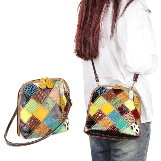 Royal Bagger Genuine Leather Crossbody Bags, Colorful Stitching Plaid Satchel Purse, Luxury Shoulder Bag for Women 1767